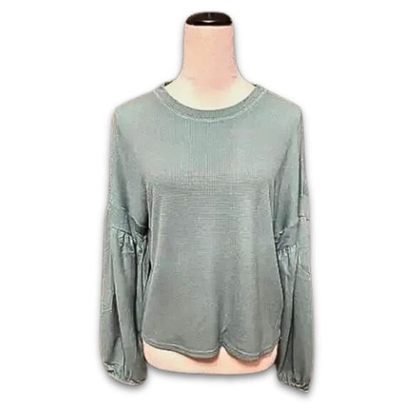 Weatherproof Vintage Pullover Top Waffle Knit Crew Neck Bishop Sleeve Green NWT - Picture 2 of 10